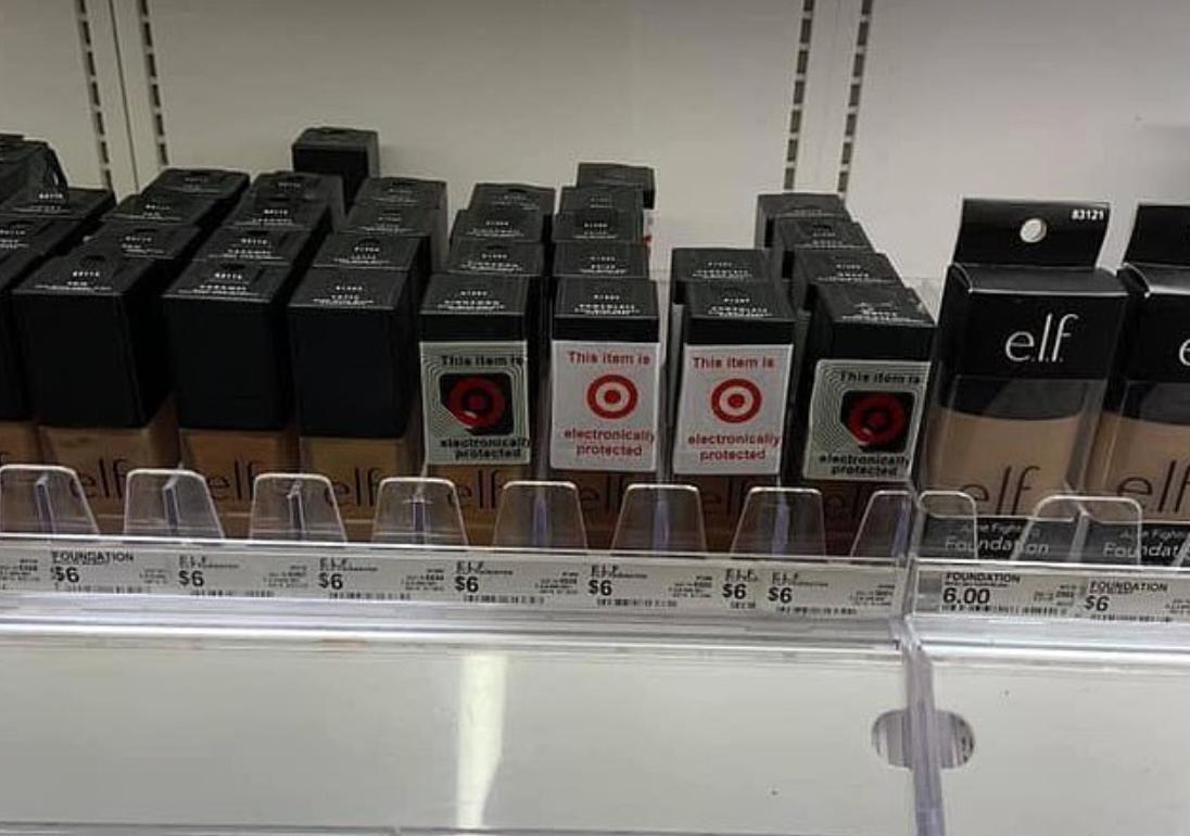 Photo shows Target anti-theft stickers on darker shades of makeup only