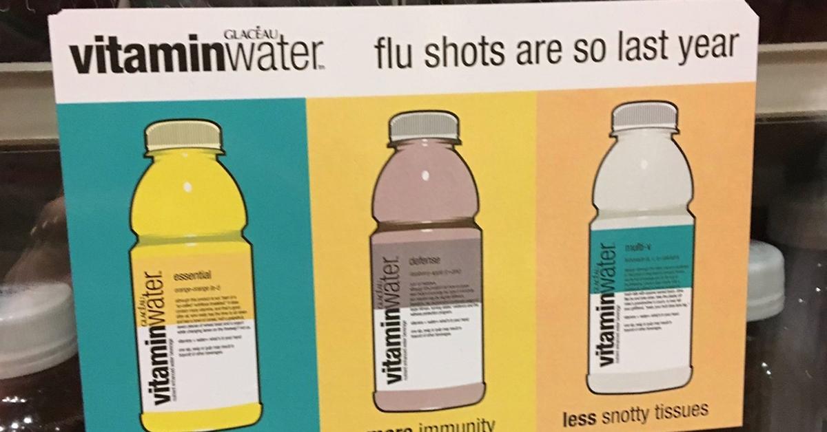 Old Vitaminwater ad suggesting it could replace flu shots causes