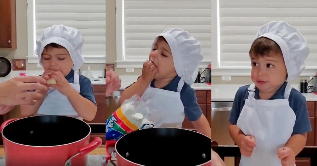 Little kid snatches and eats every ingredient while cooking with mom in